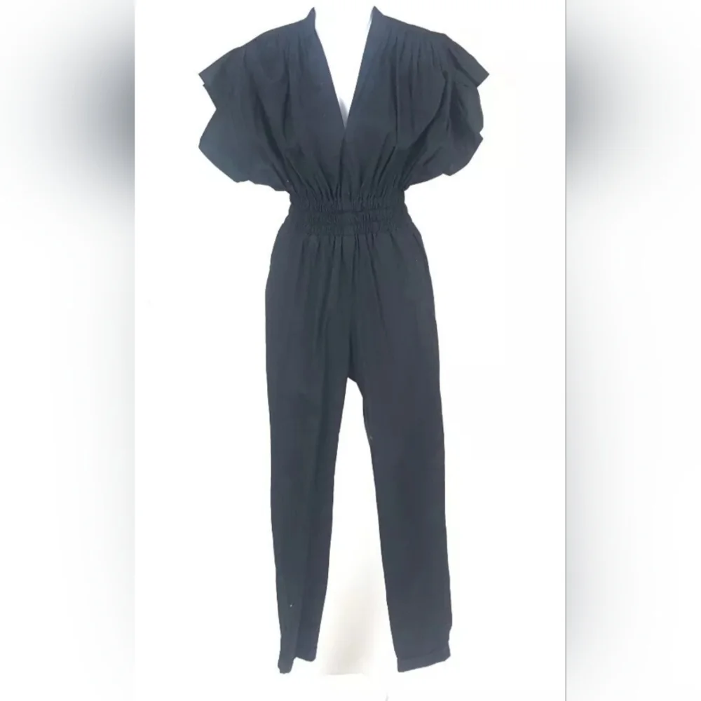 Women's IRO "Pleona" Black Flutter Sleeve V-Neck Cotton Jumpsuit Size 34 - Picture 2 of 4